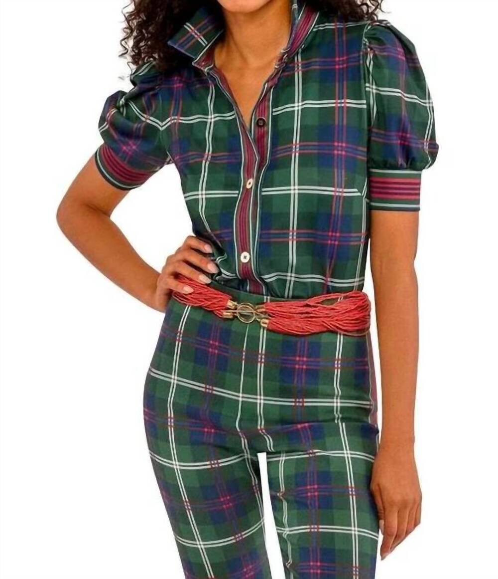 NEW GRETCHEN SCOTT puff sleeve top in middleton plaid green